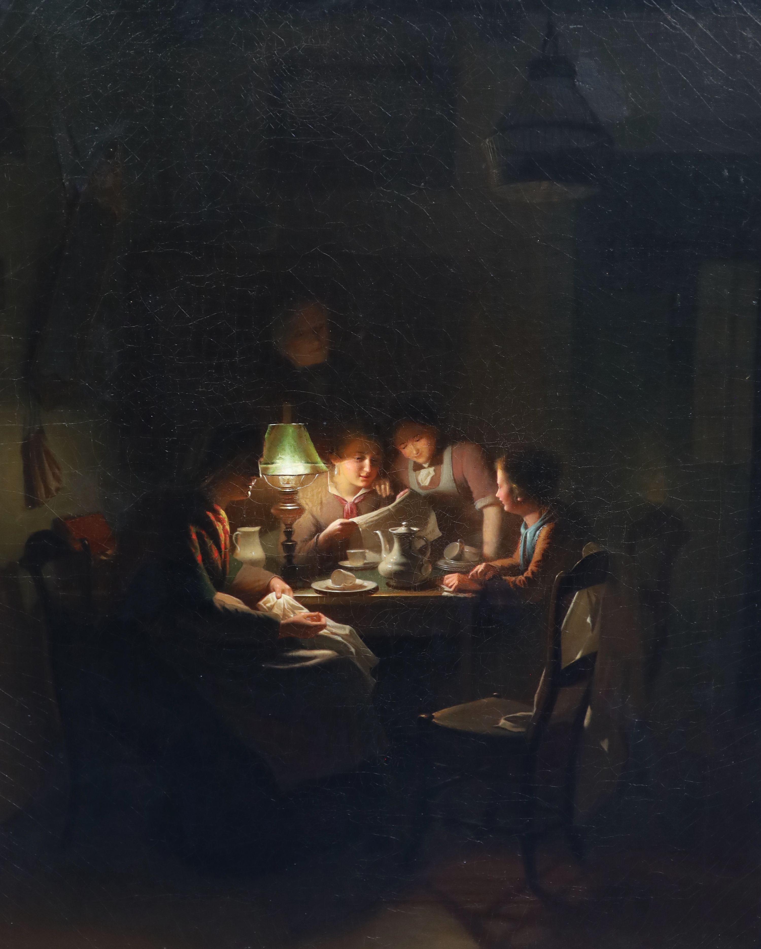Johannes Rosierse (Dutch, 1818-1901), Figures around a table, under lamplight, Oil on canvas, 80 x 60 cm.